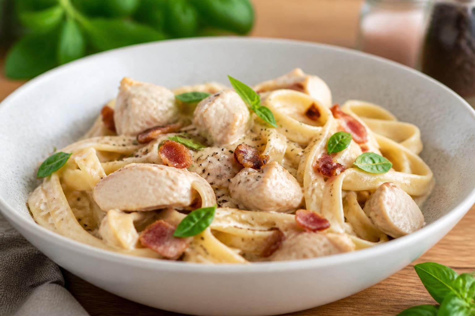 Pasta cremosa con pollo y bacon